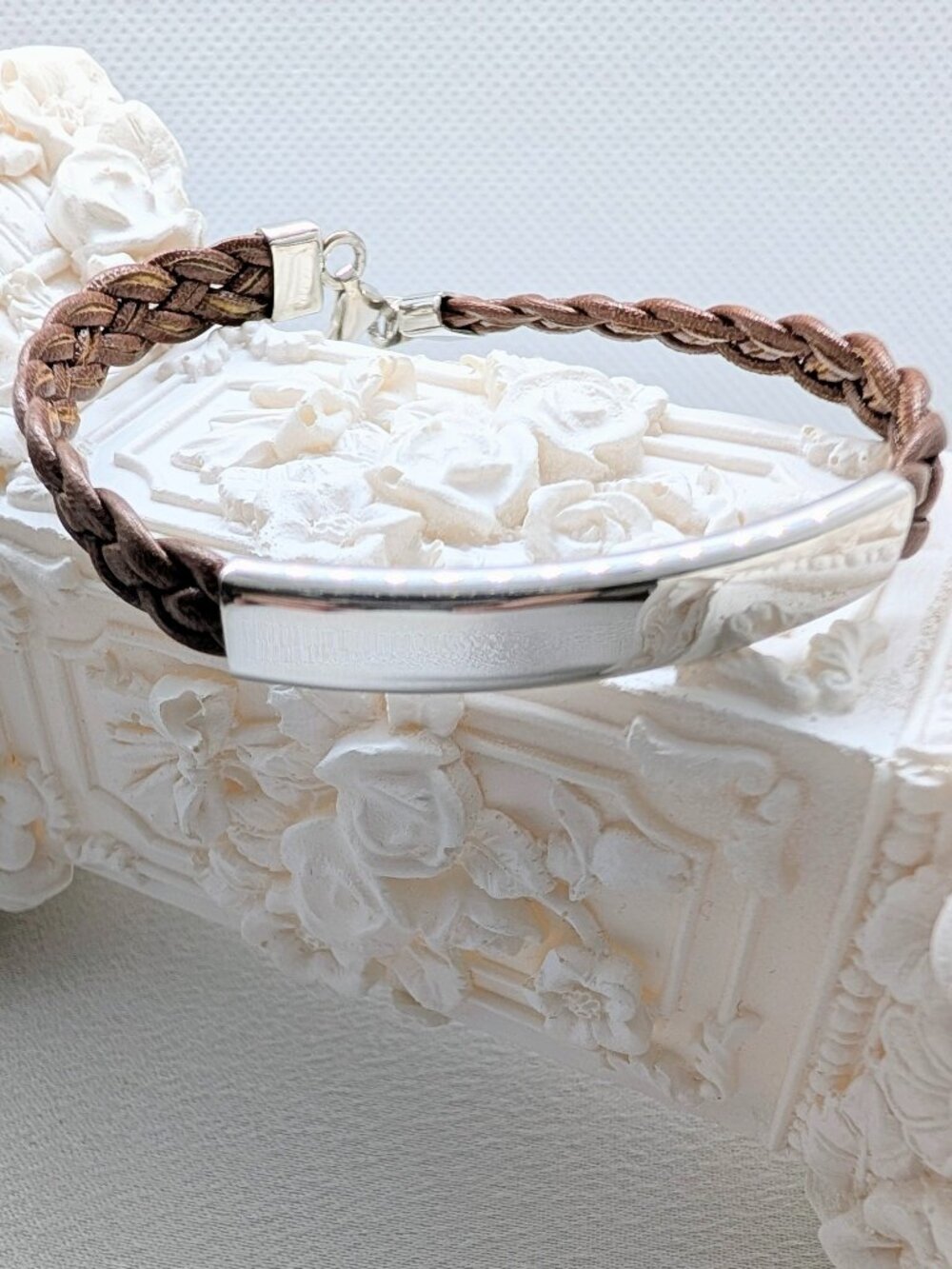 NEW sterling silver and braided leather I.D. bracelet
